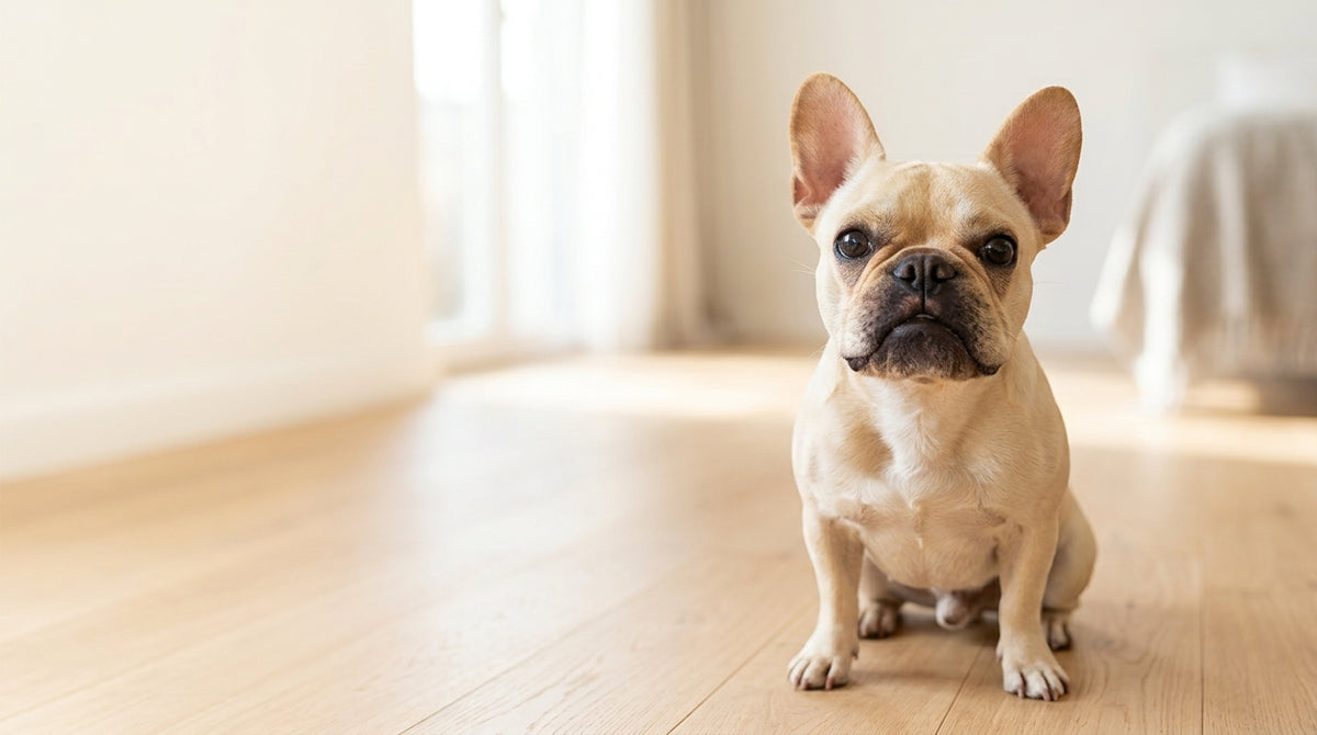Toto, a cream French Bulldog, sitting on a light wood floor in a bright living room